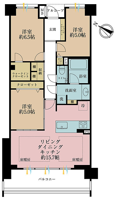 3LDK、専有面積75.38m2、バルコニー面積12.76m2