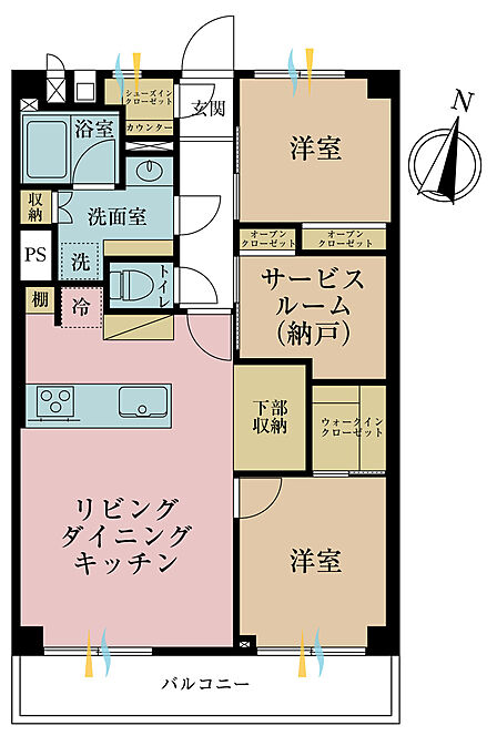 2LDK+S(納戸)、専有面積62.72m2、バルコニー面積7.61m2