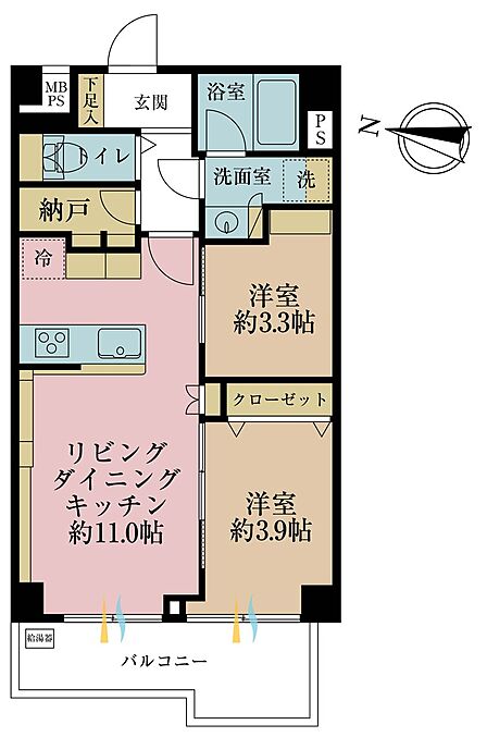 2LDK、専有面積47.25m2、バルコニー面積5.82m2