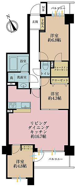 3LDK、専有面積72.69m2、バルコニー面積7.31m2