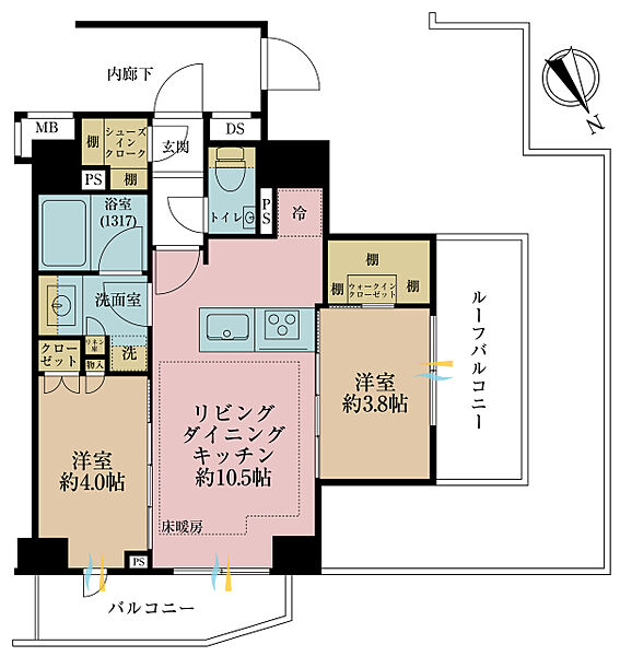 2LDK、専有面積44.81m2、バルコニー面積4.94m2