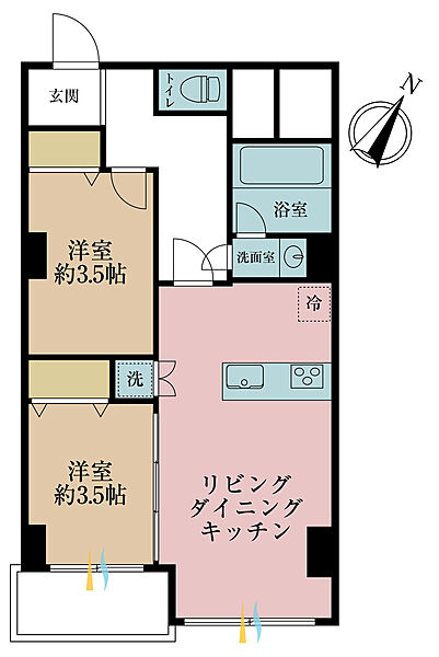 2LDK、専有面積49.95m2、バルコニー面積3.24m2