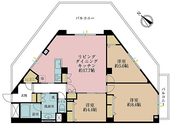 3LDK、専有面積81.93m2、バルコニー面積27.5m2
