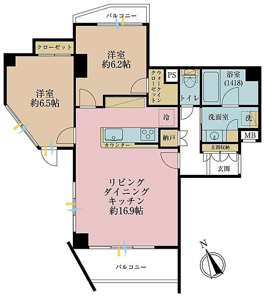 2LDK、専有面積68.1m2