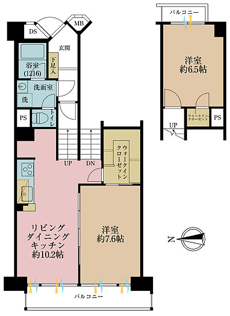 2LDK、専有面積73.12m2、バルコニー面積12.51m2