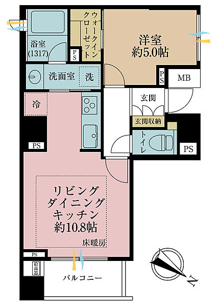 1LDK、専有面積42.39m2、バルコニー面積4.95m2