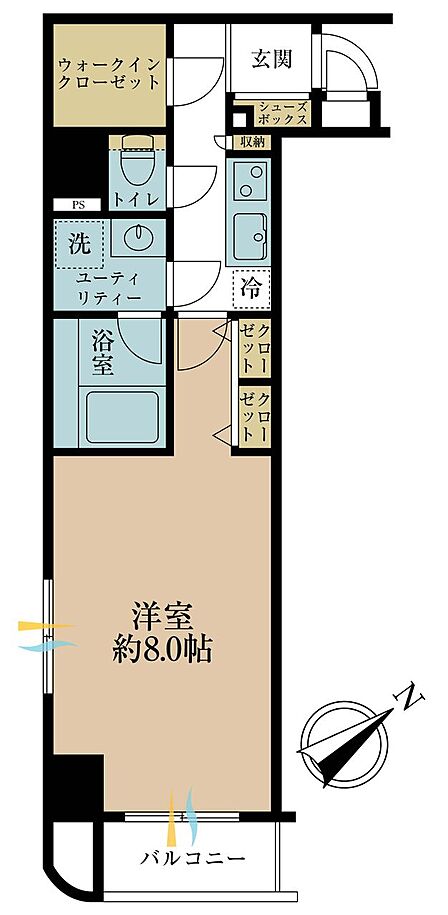 1K、専有面積32.58m2、バルコニー面積3.16m2