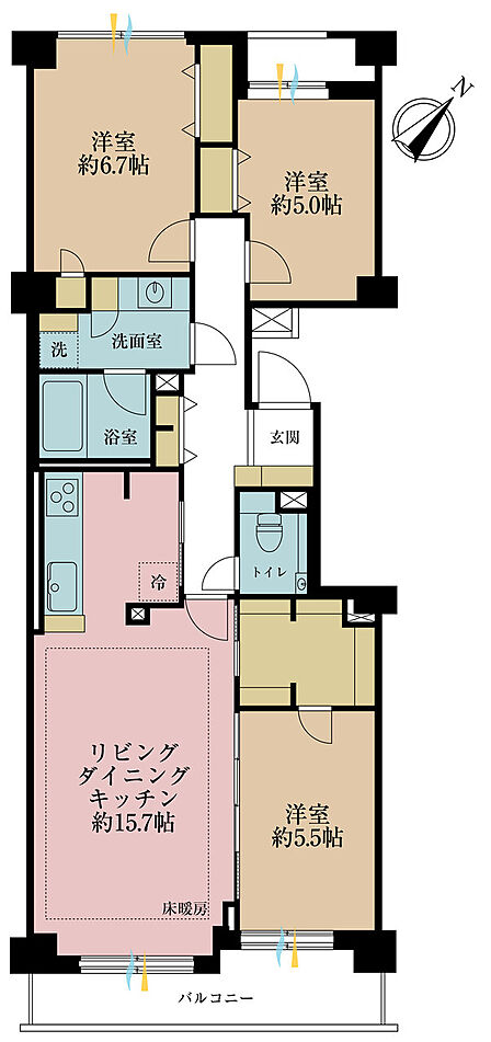 3LDK、専有面積80.64m2、バルコニー面積6.28m2