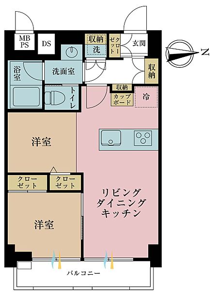 2LDK、専有面積43.33m2、バルコニー面積4.79m2