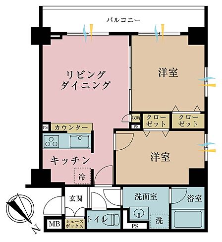 2LDK、専有面積52.72m2、バルコニー面積7.37m2