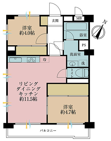 2LDK、専有面積48.48m2、バルコニー面積6.24m2