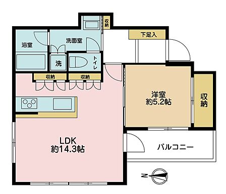 1LDK、専有面積48.06m2、バルコニー面積5.13m2