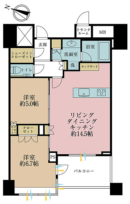 2LDK、専有面積61.89m2、バルコニー面積6.94m2