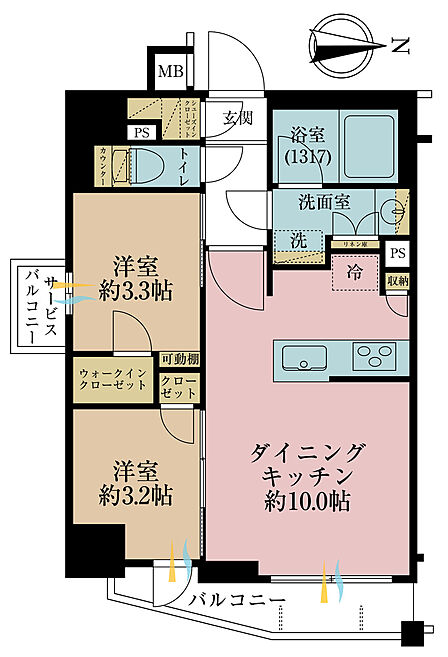 2LDK、専有面積40.37m2、バルコニー面積4.46m2