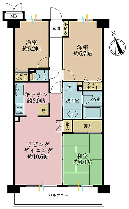 3LDK、専有面積69.91m2、バルコニー面積8.54m2