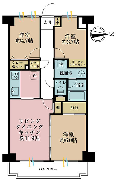 3LDK、専有面積61.6m2、バルコニー面積6.57m2