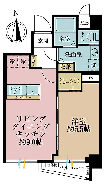 1LDK、専有面積39.59m2、バルコニー面積2.85m2