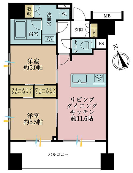 2LDK、専有面積55.01m2、バルコニー面積11.52m2