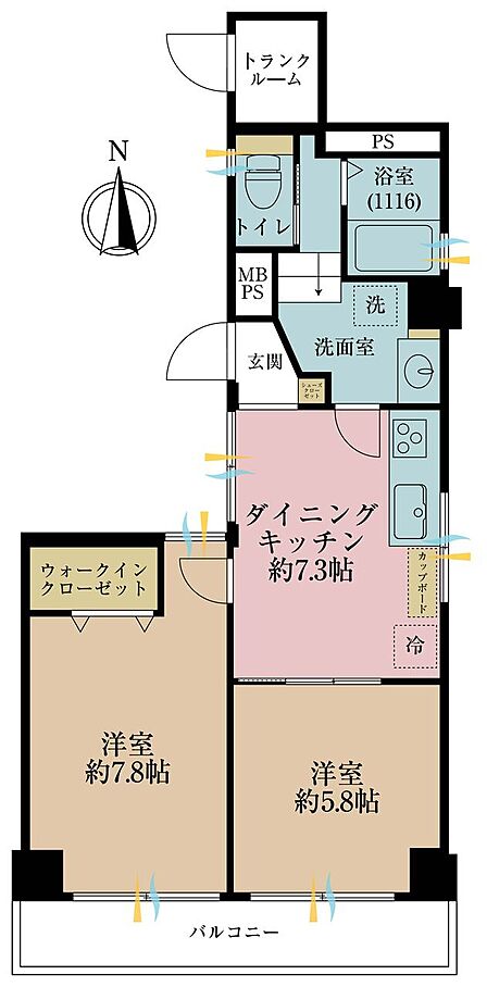 2DK、専有面積47.4m2、バルコニー面積5.56m2