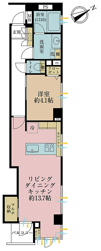 1LDK、専有面積47.24m2、バルコニー面積2.14m2