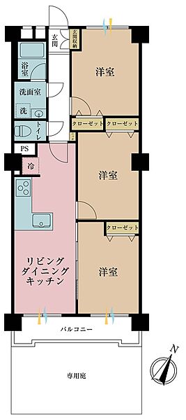 3LDK、専有面積60.84m2、バルコニー面積6.24m2