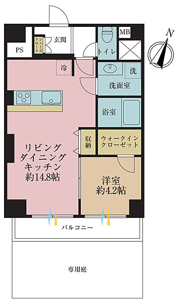 1LDK、専有面積45.9m2、バルコニー面積7.56m2