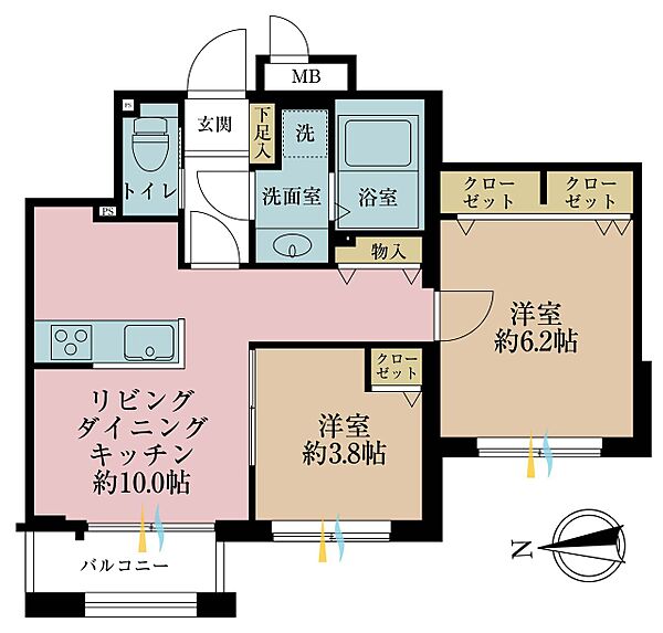 2LDK、専有面積45.83m2、バルコニー面積2.55m2