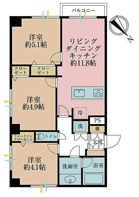 3LDK、専有面積60.19m2、バルコニー面積2.7m2
