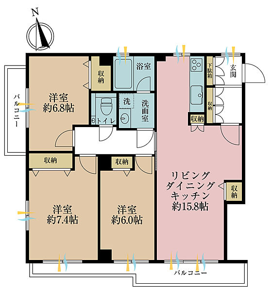 3LDK、専有面積79.4m2、バルコニー面積14.5m2
