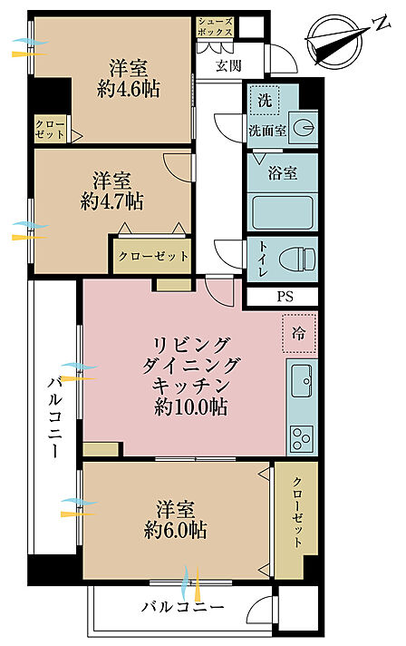 3LDK、専有面積62.2m2、バルコニー面積11.18m2