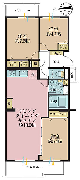 3LDK、専有面積78.66m2、バルコニー面積11.4m2