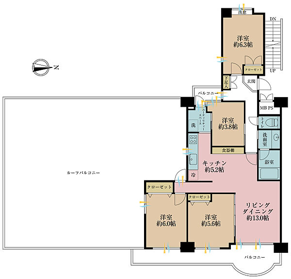 4LDK、専有面積88.43m2、バルコニー面積16.91m2