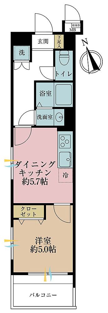 1DK、専有面積32.17m2、バルコニー面積4.3m2