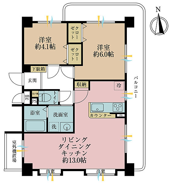 2LDK、専有面積58.88m2、バルコニー面積16.87m2