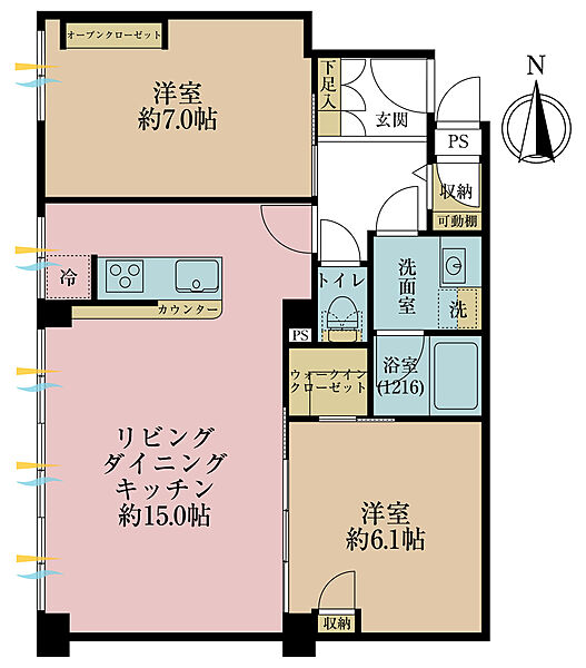 2LDK、専有面積60.4m2