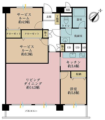 1LDK+2S(納戸)、専有面積85.05m2