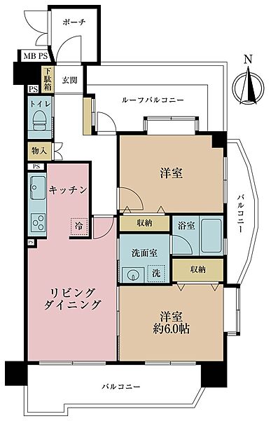 2LDK、専有面積57.93m2、バルコニー面積13.17m2