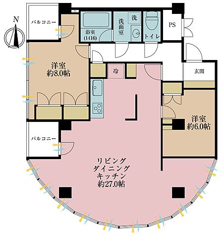 2LDK、専有面積86.48m2、バルコニー面積6.29m2