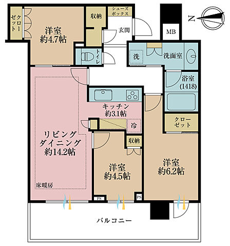 3LDK、専有面積70.53m2、バルコニー面積15.46m2