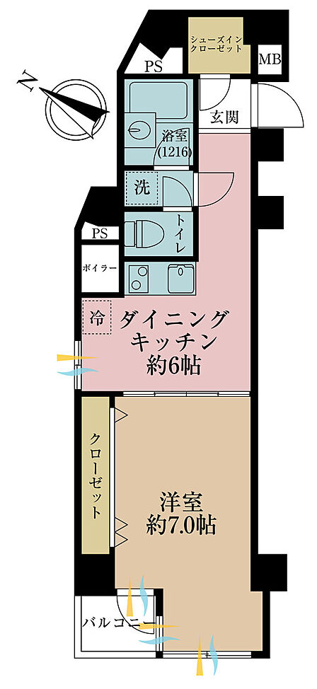 1DK、専有面積34.69m2、バルコニー面積1.8m2