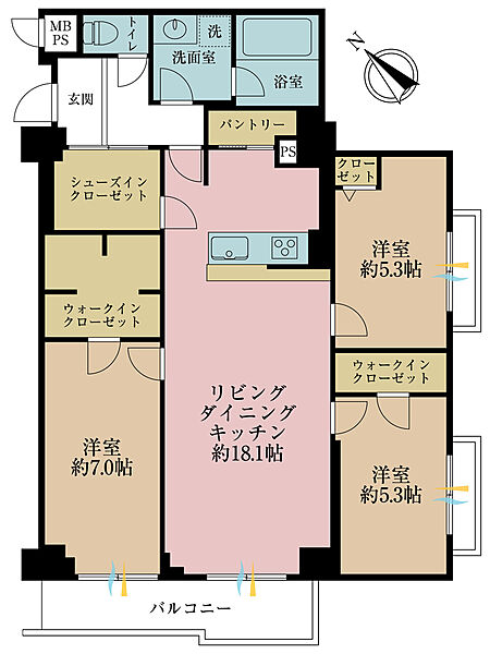 3LDK、専有面積85.67m2、バルコニー面積9.09m2