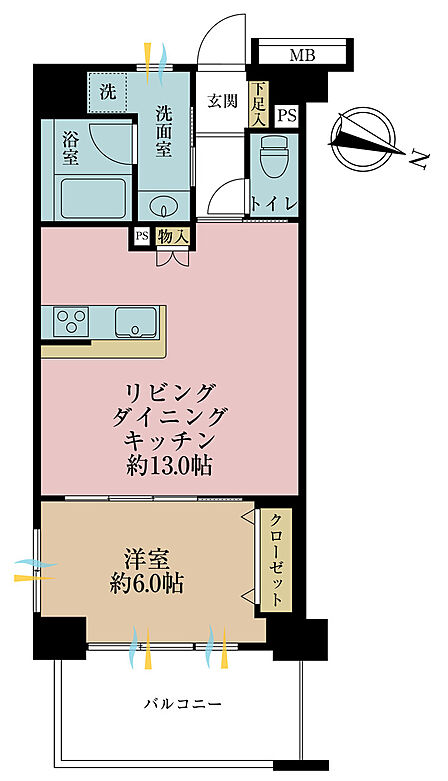 1LDK、専有面積45.27m2、バルコニー面積8.3m2