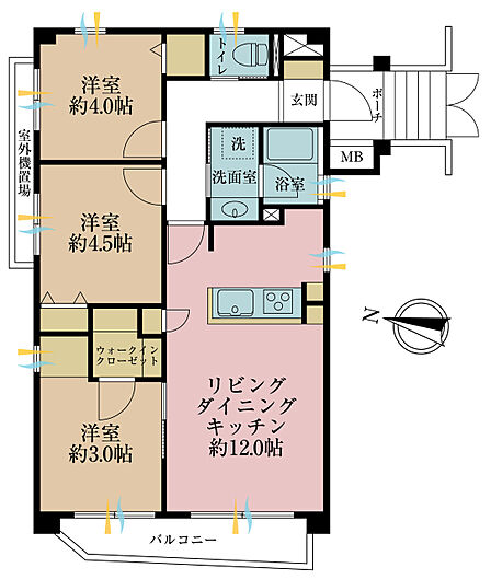 3LDK、専有面積57.34m2、バルコニー面積4.5m2