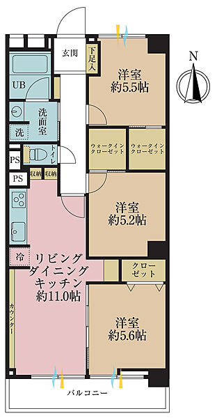 3LDK、専有面積70.2m2、バルコニー面積6.69m2
