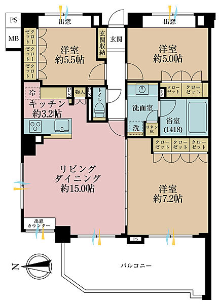 3LDK、専有面積76.28m2、バルコニー面積11.79m2