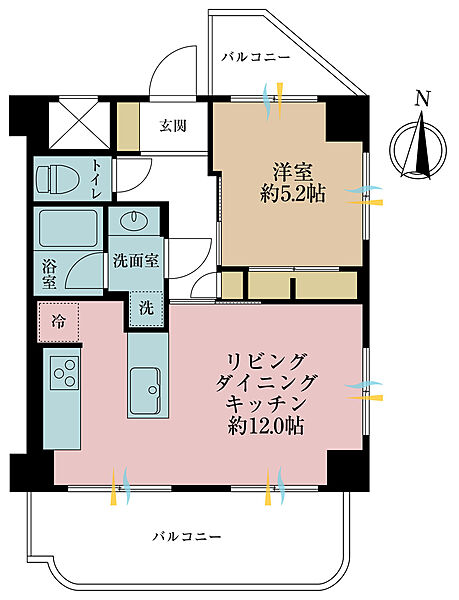 1LDK、専有面積42m2、バルコニー面積11.84m2