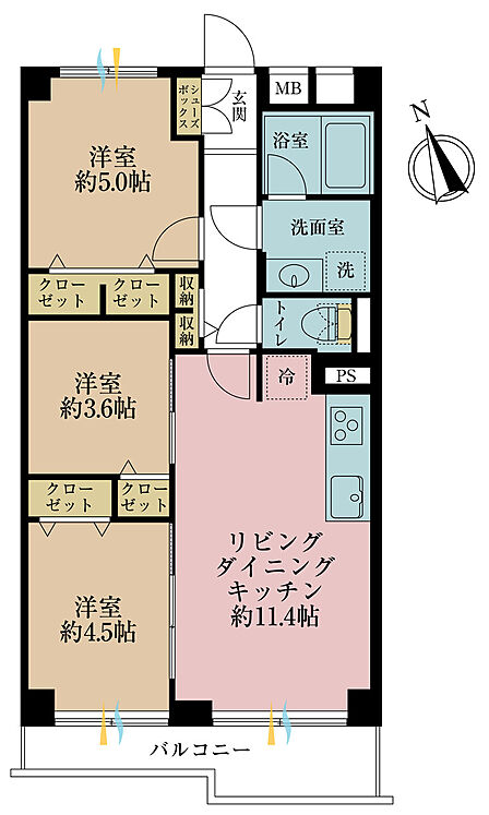 3LDK、専有面積55.82m2、バルコニー面積6.62m2