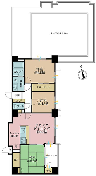 3LDK、専有面積65.2m2、バルコニー面積9.19m2
