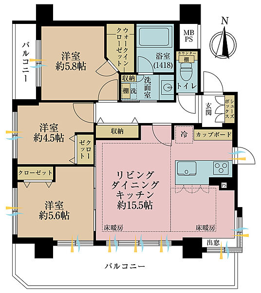 3LDK、専有面積71.24m2、バルコニー面積18.03m2