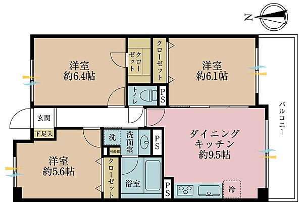 3DK、専有面積61.34m2、バルコニー面積10.16m2